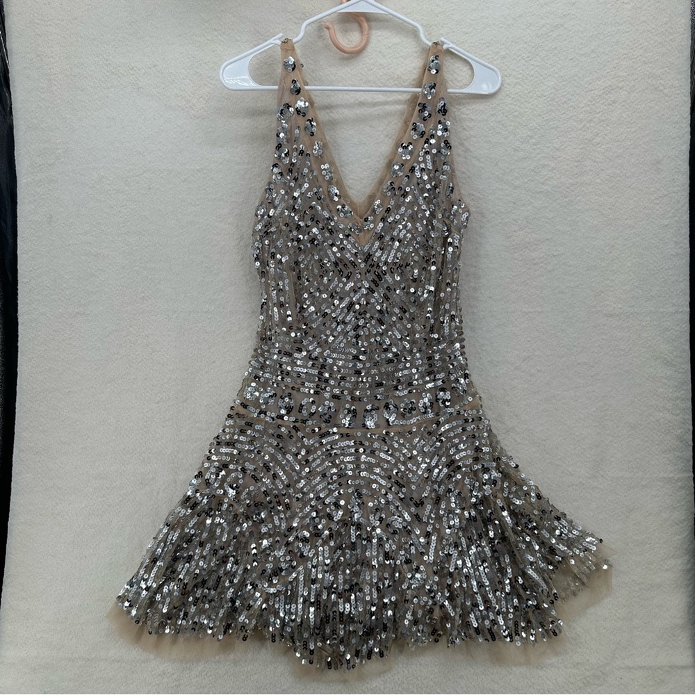 Free People Beaded Sequin Mini Dress in Champagne and Silver